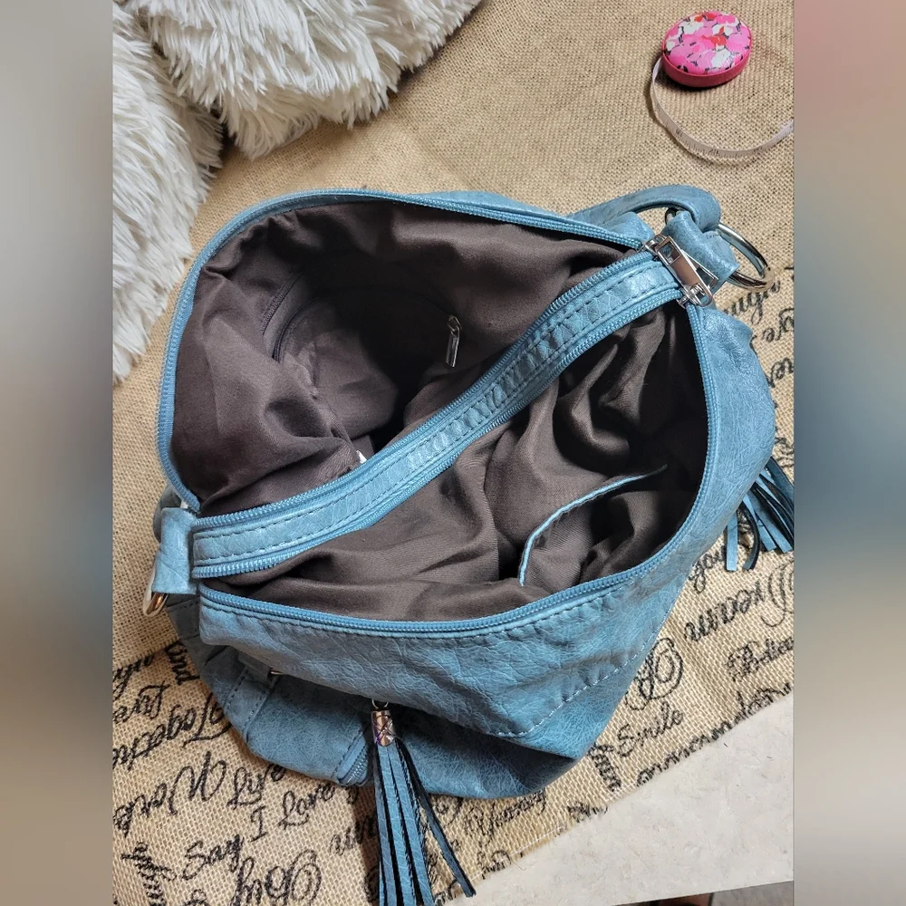 Greyish blue faux leather shoulder bag with silver tone hardware